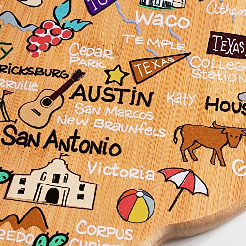  Exas State Shaped Cutting Board And Charcuterie Serving Platter With Artwork By Fish Kiss, Includes Hang Tie For Wall Display