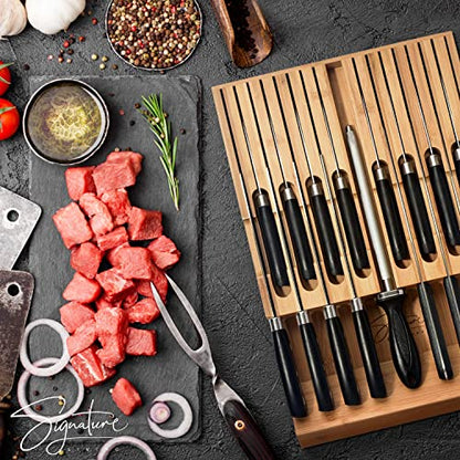  Knife Drawer Organizer Insert For 16 Knives And Knife Sharpener (17” X 11.5” X 2”) In-Drawer Knife Block Without Knives, Easy And Safe Storage - Durable Natural Bamboo