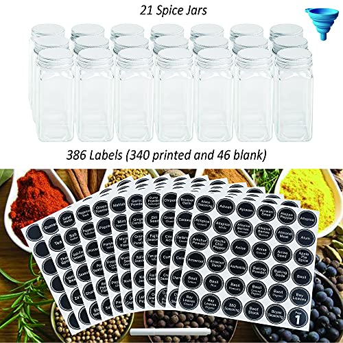  GONGSHI 3 Tier Cabinet Spice Rack Organizer With 21 Empty Glass Spice Jars (4oz), 386 Spice Labels, Chalk Marker And Funnel For Pantry Cupboard Or Countertop, Black