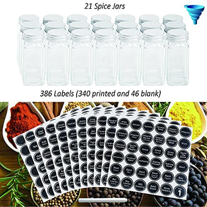  GONGSHI 3 Tier Cabinet Spice Rack Organizer With 21 Empty Glass Spice Jars (4oz), 386 Spice Labels, Chalk Marker And Funnel For Pantry Cupboard Or Countertop, Black