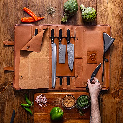  - Large Chef Knife Roll Bag - Brazilian Leather - California Brown - Vagabond Series - 16 Slots - Interior And Rear Zippered Pockets - Blade Travel Storage/Case