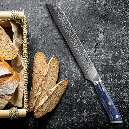 8” Bread Knife Serrated Blade- Damascus Steel & Resin Handle - Xuan Series(Sapphire Blue)