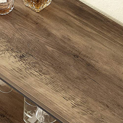  Wine Rack Table With Glass Holder And Wine Storage, Industrial Rustic Wood And Metal Bar Buffet Cabinet, Oak