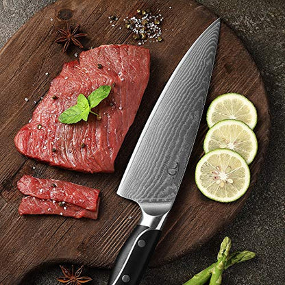  Damascus Kitchen Knife Set, XingRui Series 9 Pieces Damascus Knife Set With Block, Non-slip ABS Ergonomic Triple Rivet Handle For Chef Knives, Knife Sharpener And Kitchen Shears, Natural Wooden (Grey)