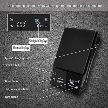  Digital Coffee Scale, Rechargeable Espresso Scale Coffee Scale With Timer, High Precision 0.1g/3kg Kitchen Scale For Food, Drip Espresso Pour Over Scale Back-Lit LED Display (Type-C Charger)