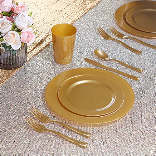  102 Pieces Solid Gold Disposable Plates, Gold Plastic Plates, Premium Plastic Party Plates Includes: 51 Dinner Plates 10.25 Inch And 51 Salad/Dessert Plates 7.5 Inch