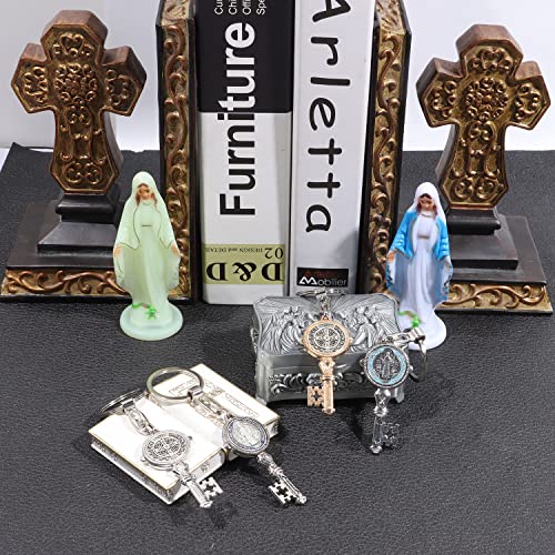  4Pcs Saint Benedict Medal Keychain, St Benedict Medals Key Chain, Saint Benedict Jubilee Medal, Cross Protection Key Shaped Keychain, Exorcism Medal Christian Sacramental Medal Keyring