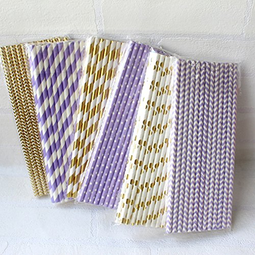  PALMAY Purple And Gold Biodegradable Drinking Paper Straws, Striped Polka Dot Chevron, 7.75 Inches, Pack Of 150