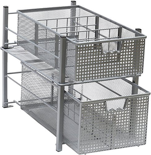  Mesh Cabinet Basket Organizer With Split Card, Silver (Large - 10 X 15.8 X 7.5)