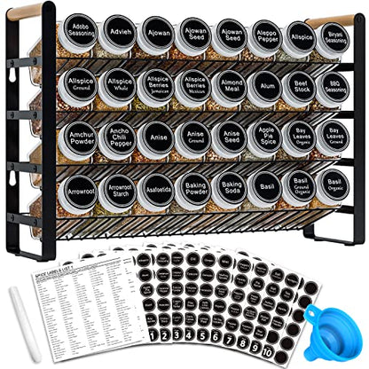  AHNR 4 Tier Spice Rack Organizer With 32 Spice Jars, 396 Spice Labels, Chalk Marker And Funnel Complete Set For Cabinet, Countertop Or Wall Mount