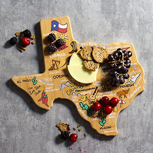  Exas State Shaped Cutting Board And Charcuterie Serving Platter With Artwork By Fish Kiss, Includes Hang Tie For Wall Display