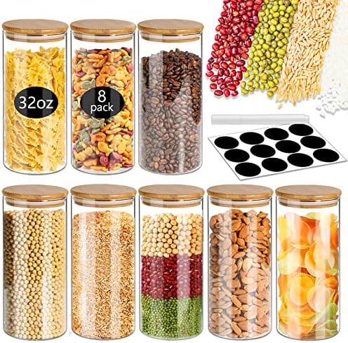  -Glass Jars With Bamboo Lids 32 Oz 8 Pcs Glass Food Storage Containers With Airtight Bamboo Lids, Glass Canisters Stackable Kitchen Pantry Bamboo Lid For Coffee Beans, Rice, Sugar And More