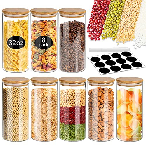  -Glass Jars With Bamboo Lids 32 Oz 8 Pcs Glass Food Storage Containers With Airtight Bamboo Lids, Glass Canisters Stackable Kitchen Pantry Bamboo Lid For Coffee Beans, Rice, Sugar And More