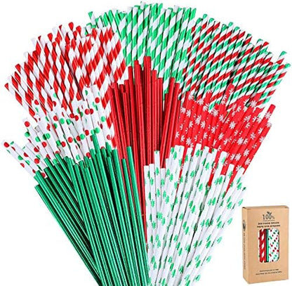  200 Pieces Christmas Foil Paper Straws Red Green White Stripe And Dots Christmas Tree Snowflake Biodegradable Drinking Straws For Christmas Party Supplies, 8 Style