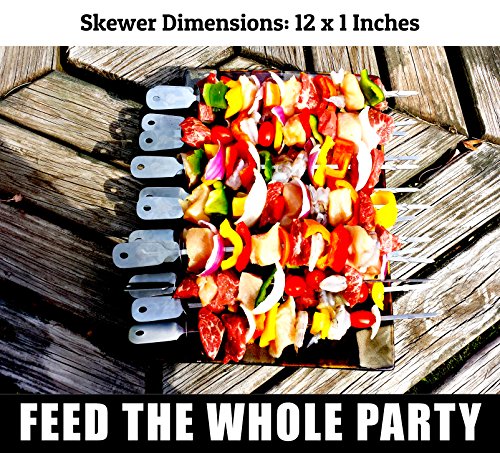  Skewers Set - 10 Stainless Steel Wide BBQ Kebob Sticks For BBQ Grill - Flat Metal With Food Remover Disc - BBQ Accessories, 12 Inch