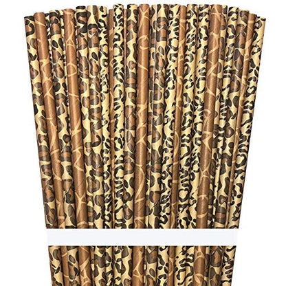  The Box Papers Safari Theme Animal Print Paper Drinking Straws 7.75 Inches 75 Pack Black, Brown, Tan