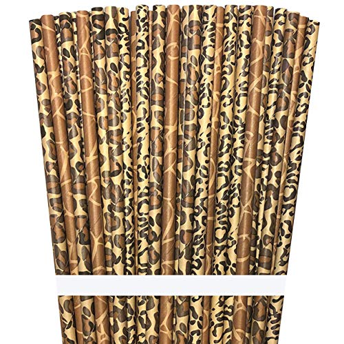  The Box Papers Safari Theme Animal Print Paper Drinking Straws 7.75 Inches 75 Pack Black, Brown, Tan