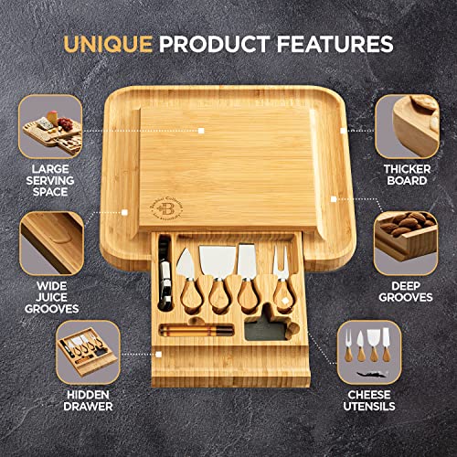  Cheese Board Gifts Set: Bamboo Large Charcuterie Boards, 4 Stainless Steel Cheese Knife & Serving Tray - Mothers Day Gift, Wedding Gifts, Housewarming Gift, Birthday Gifts For Women