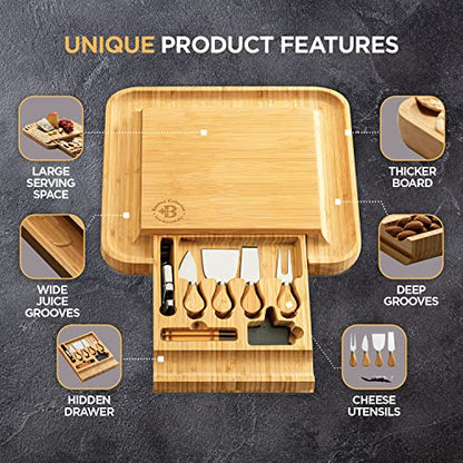  Cheese Board Gifts Set: Bamboo Large Charcuterie Boards, 4 Stainless Steel Cheese Knife & Serving Tray - Mothers Day Gift, Wedding Gifts, Housewarming Gift, Birthday Gifts For Women