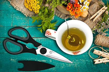  Kitchen Scissors With Magnetic Holder & Tea Infuser - Ultra Sharp Strong Durable - 100% Rust Proof - Soft Grip