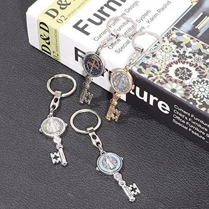  4Pcs Saint Benedict Medal Keychain, St Benedict Medals Key Chain, Saint Benedict Jubilee Medal, Cross Protection Key Shaped Keychain, Exorcism Medal Christian Sacramental Medal Keyring
