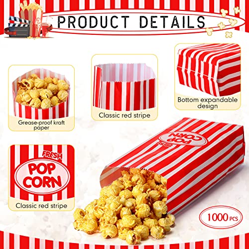  1000 Pcs 1 Oz Popcorn Bags Bulk Popcorn Paper Bags Red And White Stripes Retro Popcorn Bags Disposable Popcorn Bags For Party Movie Theater Carnival Festivals Movie Theme Party Supplies