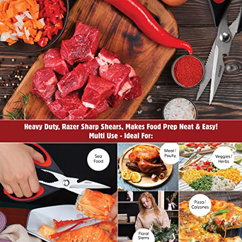  Heavy Duty Kitchen Shears – 6 In 1 Stainless Steel Ultra Sharp Poultry Scissors - Can Also Be Used As Beer Opener, Bottle Opener, Nut Cracker, Fish Scale Shaver & Floral Scissors (Red)