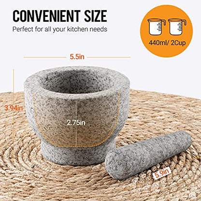  Mortar And Pestle Set 2-Cup Capacity Molcajete Bowl, Incl. Silicone Lid, Garlic Peeler, Stick-on Anti-Slip Pad For Base, Unpolished Granite Mortar And Pestle Spice Grinder 5.5 Inch