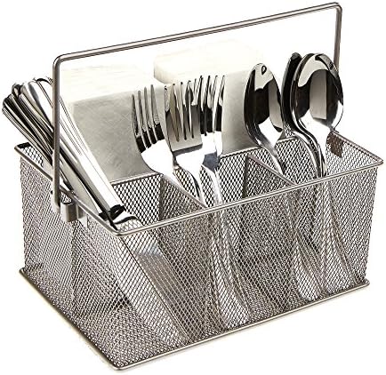  Storage Basket Organizer, Utensil Holder, Forks, Spoons, Knives, Napkins, Perfect For Desk Supplies, Pencil, Pens, Staples, Black, 4 Compartments