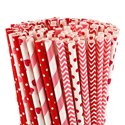 200 Pieces Valentines Straws Valentines Paper Straws Heart Drinking Straws Heart Striped Paper Straws Decorative Holiday Straws For Valentine's Day Wedding Party Supplies, 8 Styles