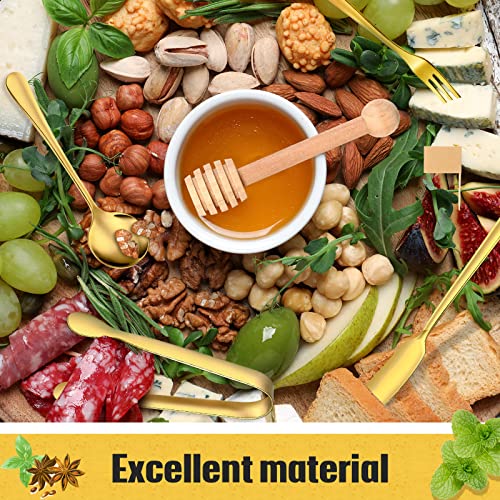  Charcuterie Board Accessories Utensils Cheese Butter Spreader Knives Set Include Serving Tongs, Knives, Spoons, Forks, Toothpick Flags, Honey Dippers, Bowl For Christmas Pastry Making (Gold)