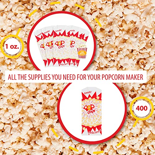  400 Popcorn Bags, Popcorn Machine Supplies Set, 1 Oz Grease Resistant Paper, Popcorn Bags For Popcorn Machine, Grease Resistant, Carnival Themed, Made In The USA (400)