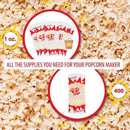  400 Popcorn Bags, Popcorn Machine Supplies Set, 1 Oz Grease Resistant Paper, Popcorn Bags For Popcorn Machine, Grease Resistant, Carnival Themed, Made In The USA (400)