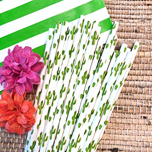  Cactus Themed Paper Straws - Green White Succulents - 100 Pack