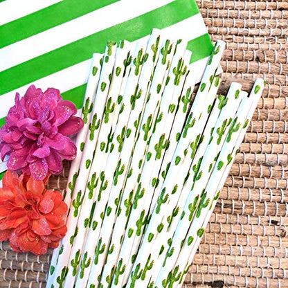  Cactus Themed Paper Straws - Green White Succulents - 100 Pack