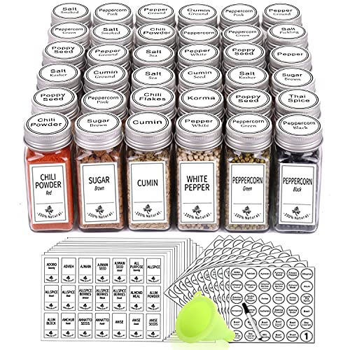  36 Glass Spice Jars With 806 White Spice Labels, Chalk Marker And Funnel Complete Set. Square Bottles 4 Oz Empty Spice Containers, Airtight Cap, Pour/sift Shaker Lid