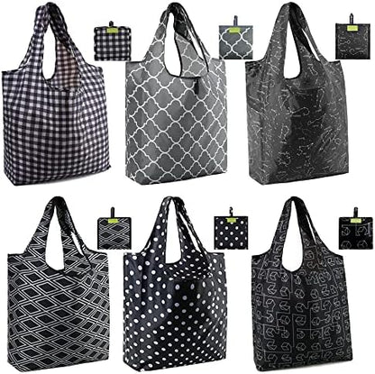  BeeGreen Shopping Bags Reusable Grocery Tote Bags 6 Pack XLarge 50LBS Ripstop Geometric Fashion Recycling Bags With Pouch Bulk Machine Washable Nylon Bags Black Gray Blue Navy Teal Christmas