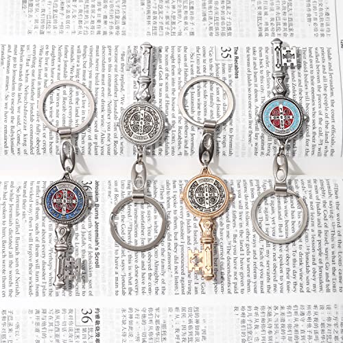  4Pcs Saint Benedict Medal Keychain, St Benedict Medals Key Chain, Saint Benedict Jubilee Medal, Cross Protection Key Shaped Keychain, Exorcism Medal Christian Sacramental Medal Keyring