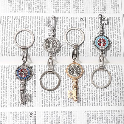  4Pcs Saint Benedict Medal Keychain, St Benedict Medals Key Chain, Saint Benedict Jubilee Medal, Cross Protection Key Shaped Keychain, Exorcism Medal Christian Sacramental Medal Keyring
