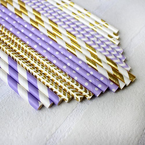  PALMAY Purple And Gold Biodegradable Drinking Paper Straws, Striped Polka Dot Chevron, 7.75 Inches, Pack Of 150
