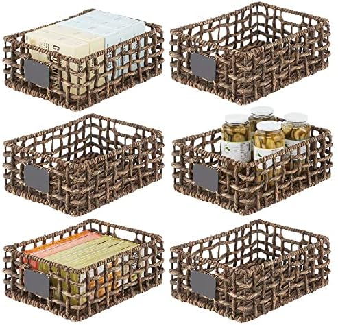 MDesign Hyacinth Open Weave Kitchen Cabinet Pantry Basket With Built-in Chalkboard Label For Organizing Kitchen Pantry, Cabinet, Cupboard, Shelves - Holds Food, Drinks, Snacks, 6 Pack - White Wash