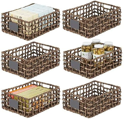  MDesign Hyacinth Open Weave Kitchen Cabinet Pantry Basket With Built-in Chalkboard Label For Organizing Kitchen Pantry, Cabinet, Cupboard, Shelves - Holds Food, Drinks, Snacks, 6 Pack - White Wash