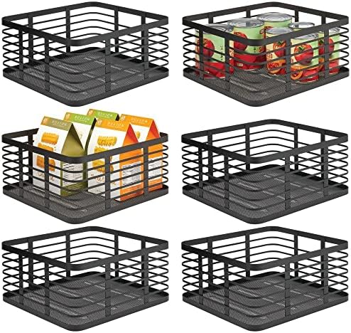  Steel Metal Wire Kitchen Food Storage Organizer Bin Basket For Pantry Organization - Wired Farmhouse Basket With Handle For Shelves - Carson Collection - 6 Pack, Matte Black