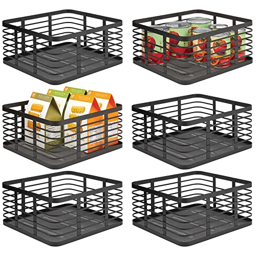  Steel Metal Wire Kitchen Food Storage Organizer Bin Basket For Pantry Organization - Wired Farmhouse Basket With Handle For Shelves - Carson Collection - 6 Pack, Matte Black