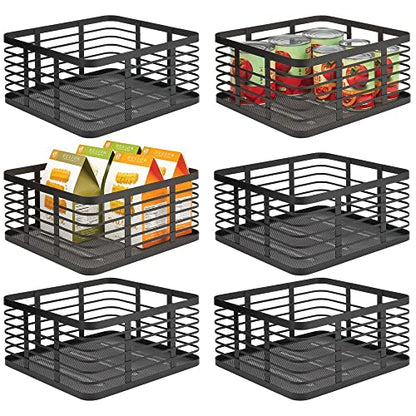  Steel Metal Wire Kitchen Food Storage Organizer Bin Basket For Pantry Organization - Wired Farmhouse Basket With Handle For Shelves - Carson Collection - 6 Pack, Matte Black
