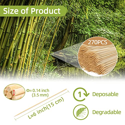  270PCS Bamboo Sticks Bulk - Premium Natural Wooden Skewers Bamboo Skewers Wood Sticks For BBQ, Open Fire Pit, Caramel Apples, Hamburger, Fruit, Grilling. Φ=3.5mm, L=15cm