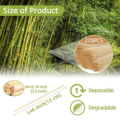  270PCS Bamboo Sticks Bulk - Premium Natural Wooden Skewers Bamboo Skewers Wood Sticks For BBQ, Open Fire Pit, Caramel Apples, Hamburger, Fruit, Grilling. Φ=3.5mm, L=15cm