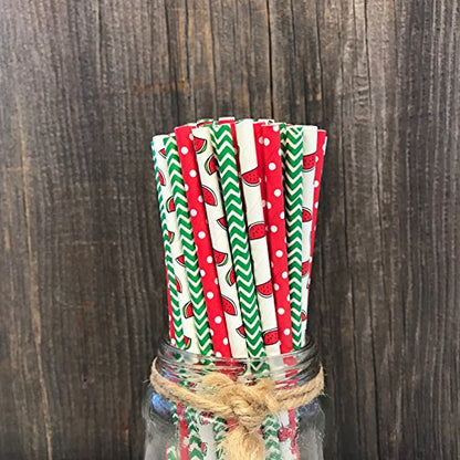  Watermelon Themed Paper Drinking Straws - Red White And Green- Polka Dot And Chevron - 100 Pack - Outside The Box Papers Brand