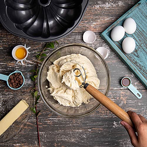  The Original Danish Dough Whisk - 304 Stainless Steel Ring Nonstick Dutch Whisk For Dough - Long Wooden Danish Dough Whisker Bread Mixer Handle Bundle With Flexible Plastic Scraper Cutter