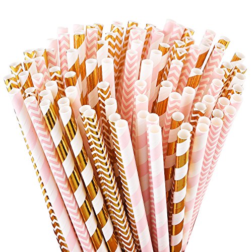  Biodegradable Paper Straws, 100 Pink Straws / Gold Straws For Party Supplies, Birthday, Wedding, Bridal / Baby Shower, Christmas Decorations And Holiday Celebrations